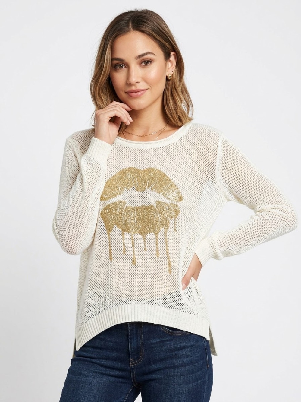 Wooden Ships Cream Sweater with Gold Drip Kiss Small